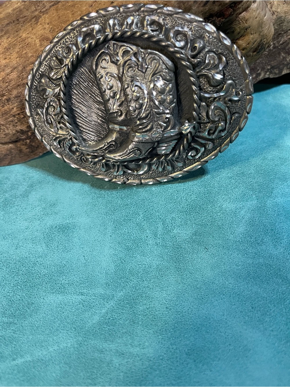 Made in USA Western Oval EJC 95 Cast Solid Pewter Cowboy Belt Buckle /  Vintage